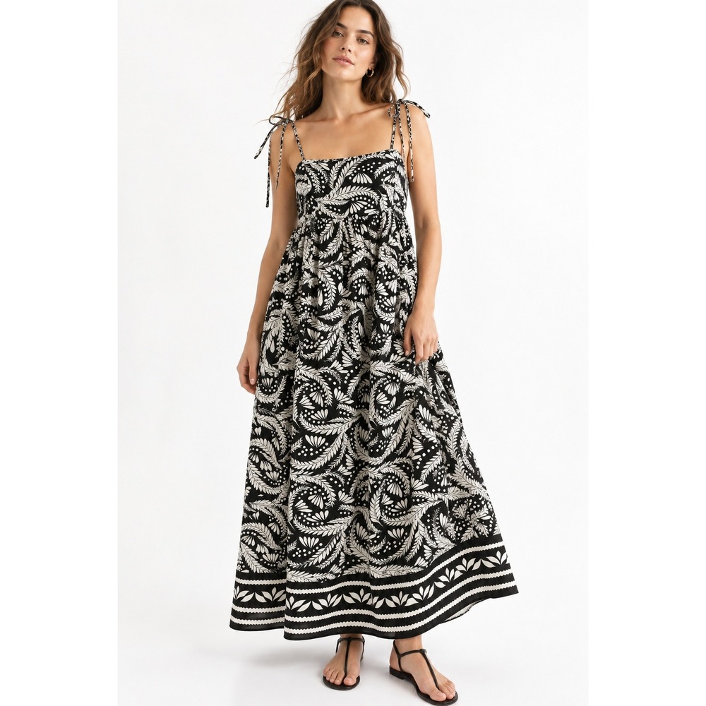 HM Black White Leaf Print Tie Shoulder Maxi Dress Large NEW